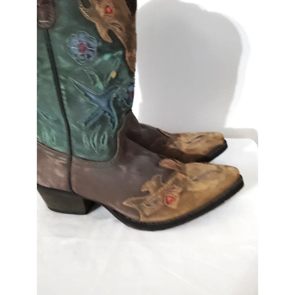 Dan Post Liberty Bird Brown Green Distressed Embroiderd Western Cowboy Boot 5.5Y